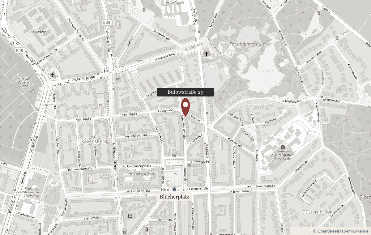 Location map with a marker on Bülowstraße 29, five minutes' walk north of Blücherplatz in Kiel